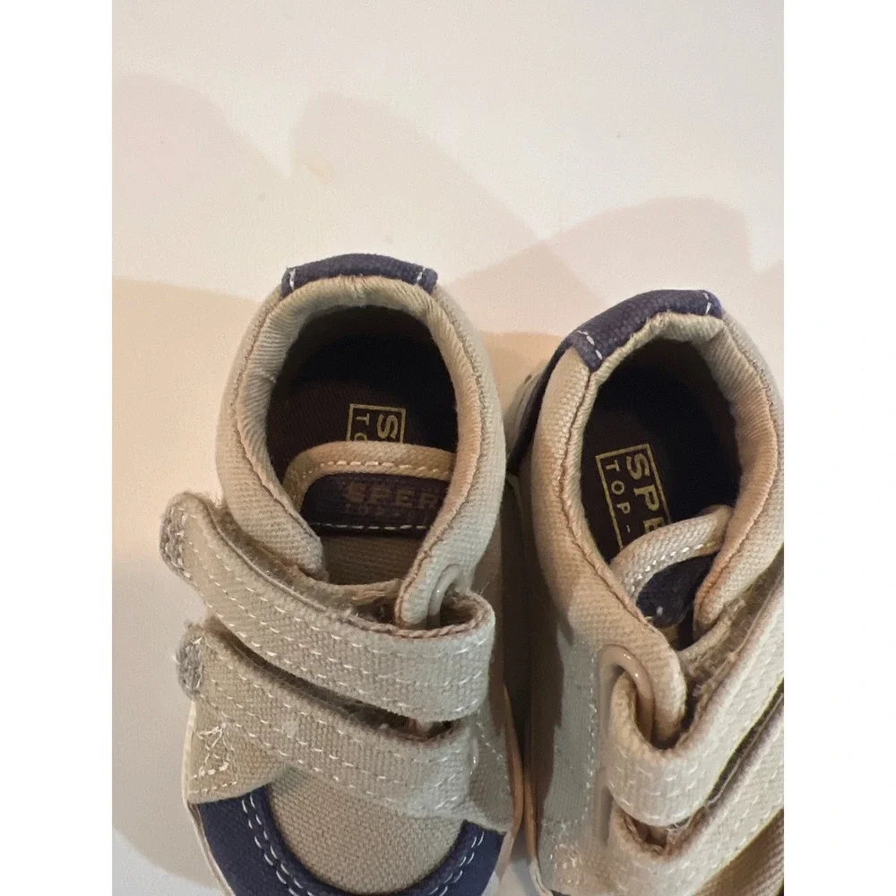 Sperry Top‎ Sider Toddler Crib Shoes Khaki Navy Canvas Hook Loop Size 1